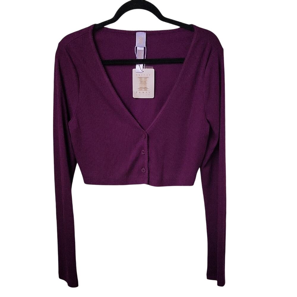 Savage X Fenty Cropped Long Sleeve Purple Cardigan Sweater Womens Size 12-14 NWT